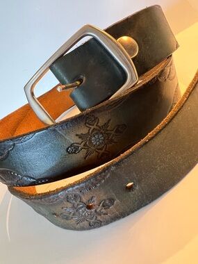 Vintage Black & Green Tooled Leather Men's Belt with Silver Buckle